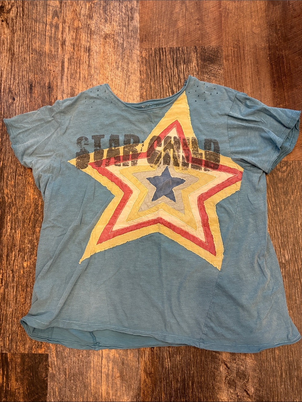 Magnolia Pearl Blue Star Graphic Tee with Sewn on Emblem and Yellow/Red Accents